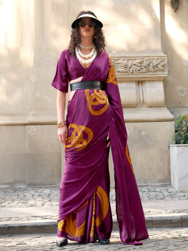 Stepnshop Soft Satin Saree with Modern Print Work