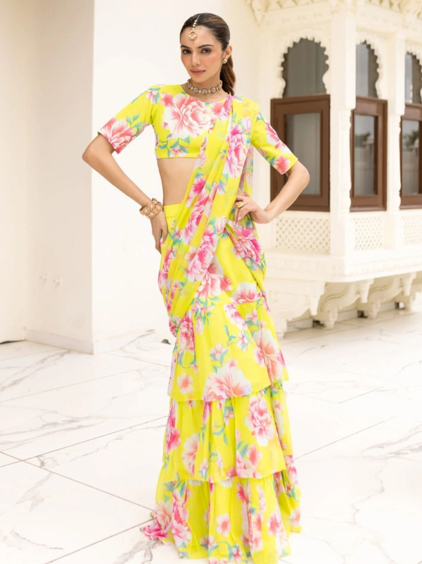 Stepnshop Elegant Ready-to-Wear Georgette Ruffle Saree