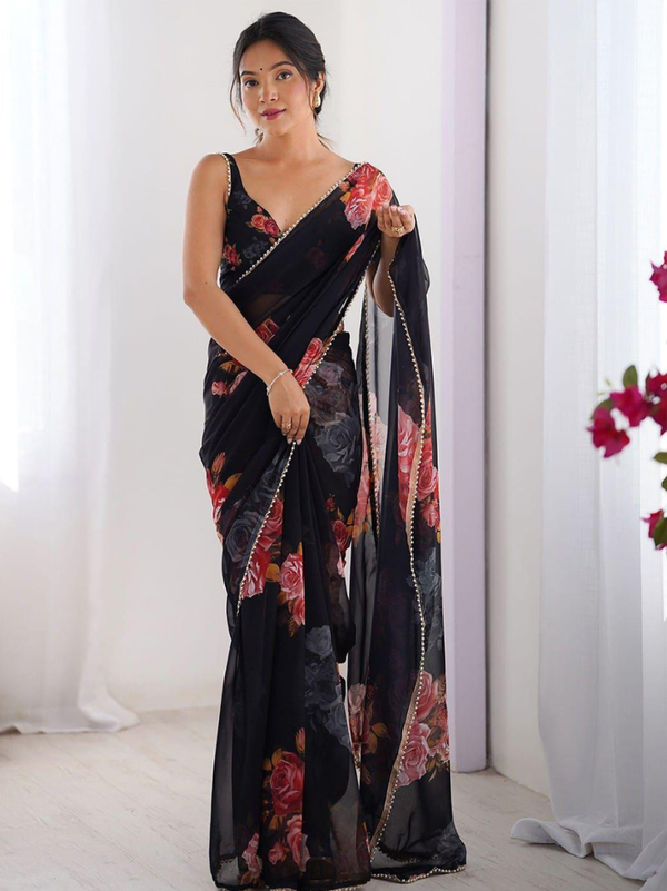 Stepnshop Elegant Georgette Silk Saree with Pearl Detailing