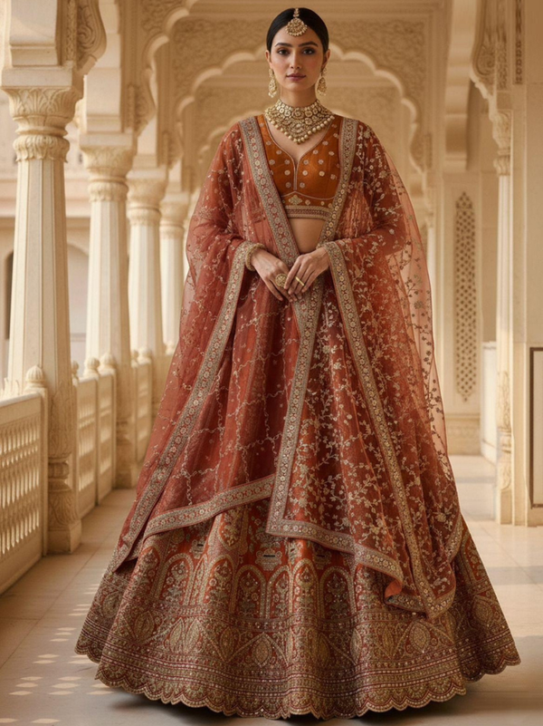 Stepnshop Luxurious Gadhwal Silk Bridal Lehenga with Double Dupatta