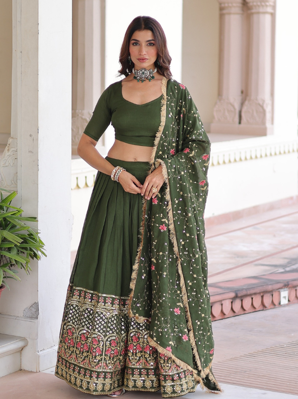 Stepnshop Vichitra Silk Sequins & Thread Embroidered Lehenga