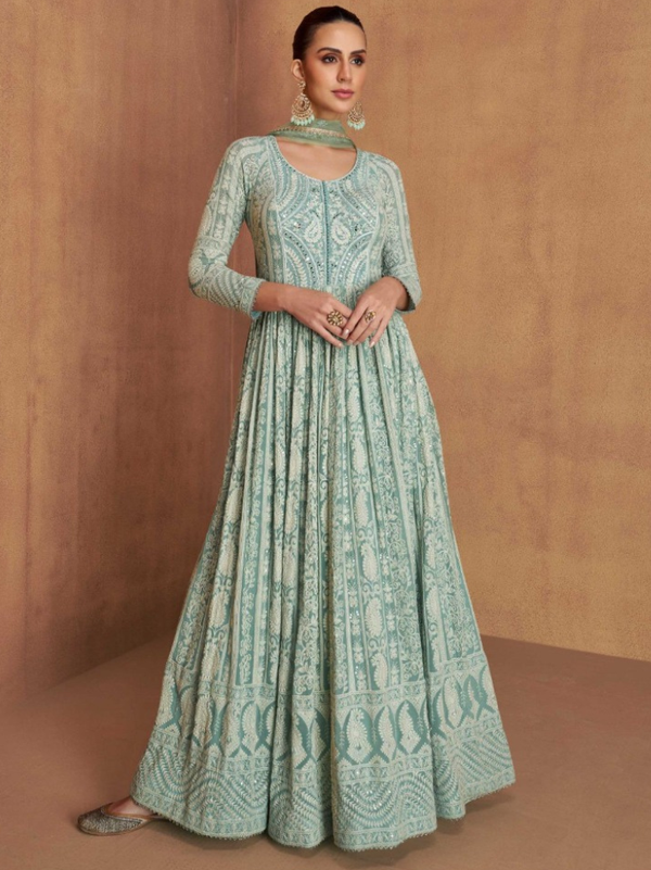 Stepnshop Elegant Georgette Embroidered Gown with Net Dupatta