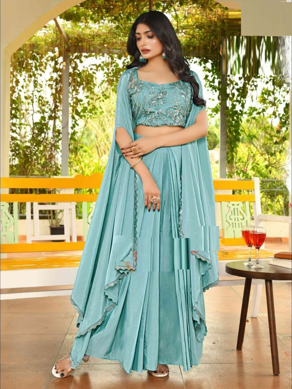 Stepnshop Silk Indo Western Crop Top Set with Fancy Shrug