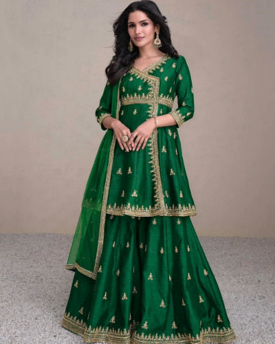 Woman’s Green Silk Sharara Suit Diwali Festival