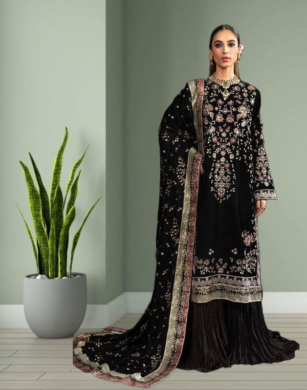 Velvet Semi Stitched Pakistani Style Straight Salwar Kameez