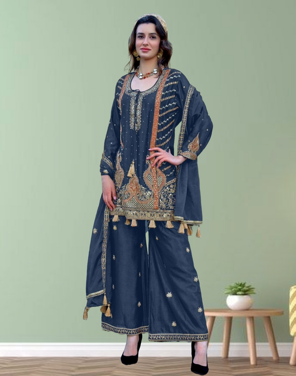 Indian Women Chinon Pakistani Style Straight Salwar Kameez