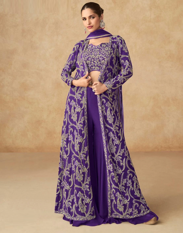 Purple Georgette Palazzo Set With Butterfly Net Dupatta