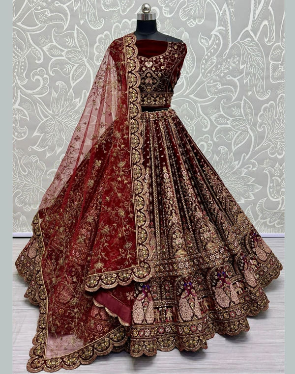 Maroon Sober Work Velvet Bridal Lehengacholi