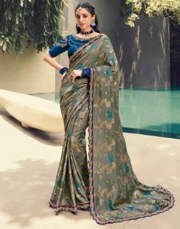 Blue Color Desiluk Pure Silk Partywear Heavy Saree