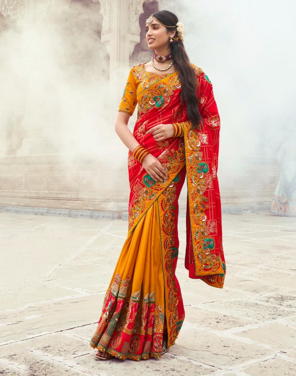 Half N Half Designer Silk Embroidery Heavy Saree