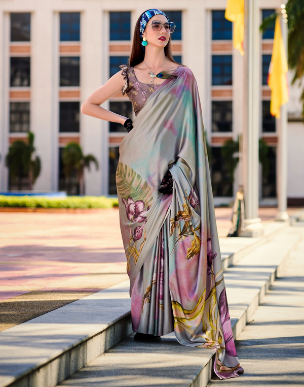 Digital Printed Pure Satin Silk Casual Saree