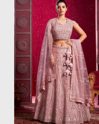 Premium Net Peach Embroidered Designer Lehenga Choli