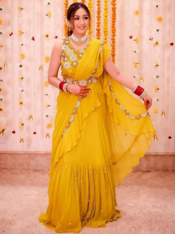 Haldi Ceremony Special Georgette Yellow Lehenga Saree