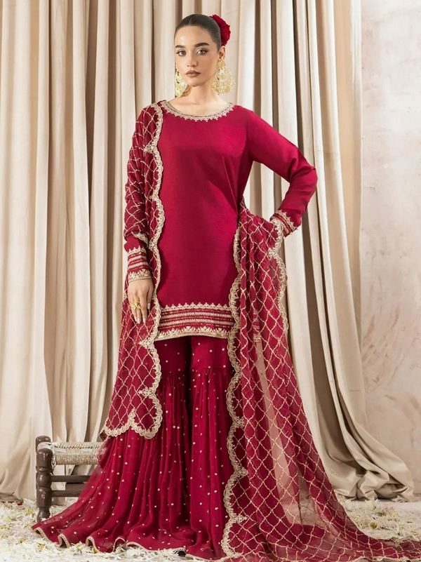 New Red Faux Georgette Sequence Work Party Wear Suit