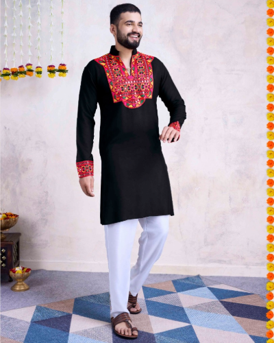 Embroidered Men’s Navratri kurta with Real Mirror Work