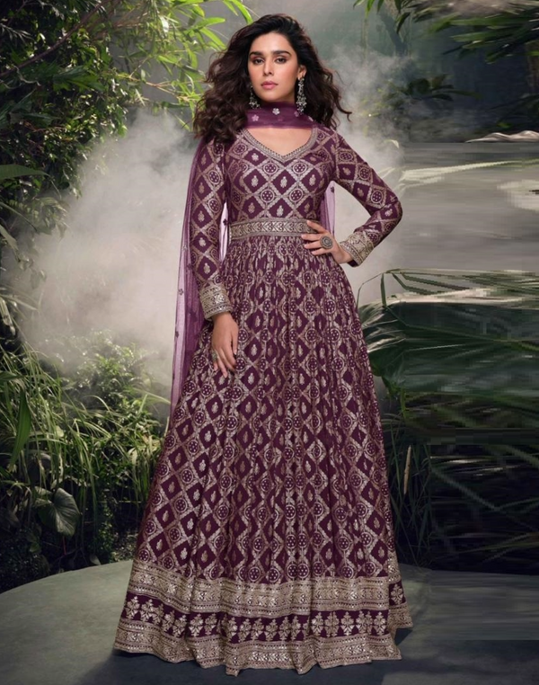 Viscose Jacquard Silk Anarkali with Embroidered Net Dupatta