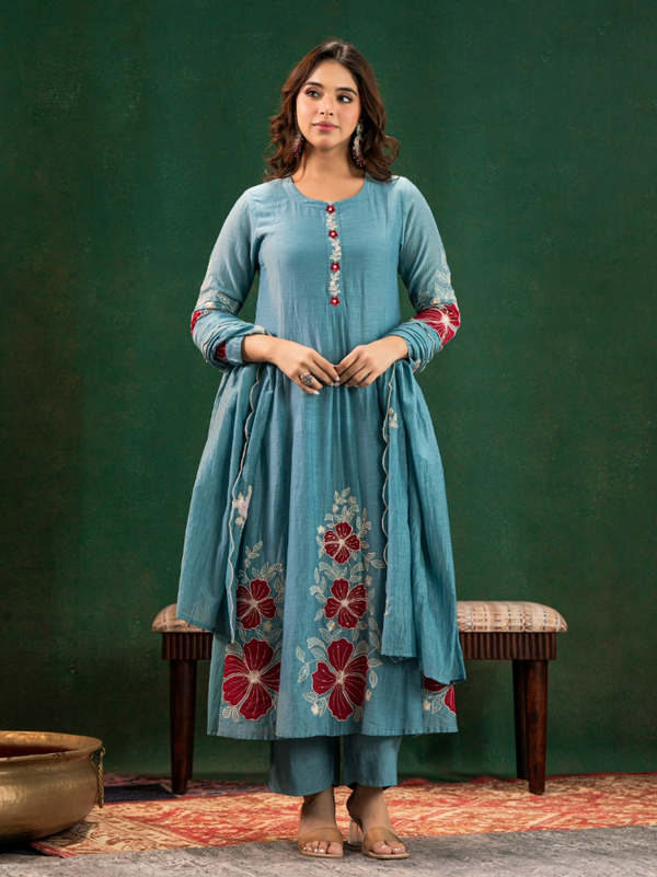 Stepnshop Chanderi Silk Embroidered Suit Set