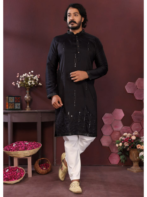 Stepnshop Silk Embroidered & Mirror Work Men’s Kurta Set