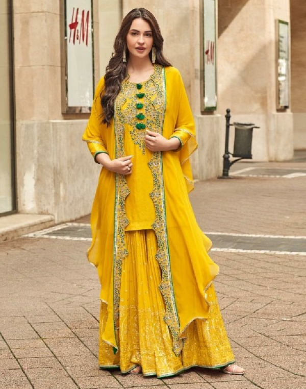 Latest Designer Silk With Embroidered Sharara Suit