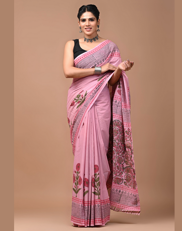 Pink Trendy Printed Cotton Mul Saree With Blouse