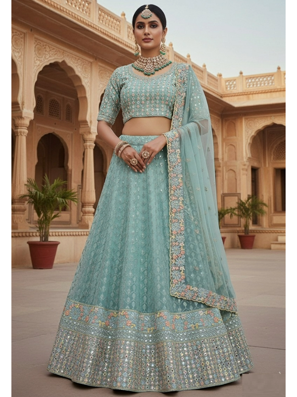 Stepnshop Bridal Net Multi-Thread & Stone Embellished Lehenga Set