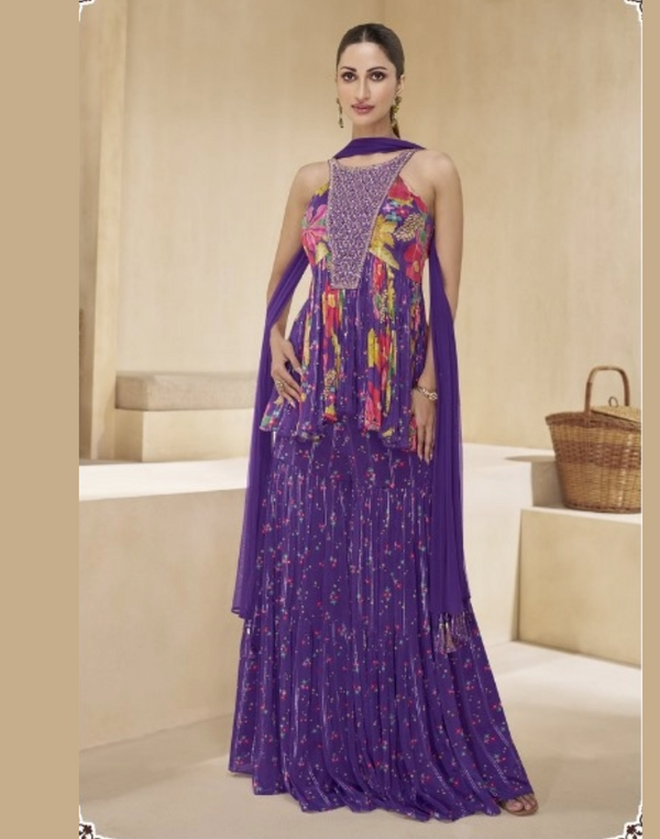 Purple Floral Print Sharara Suit in Fancy with Embroidered Sleeves