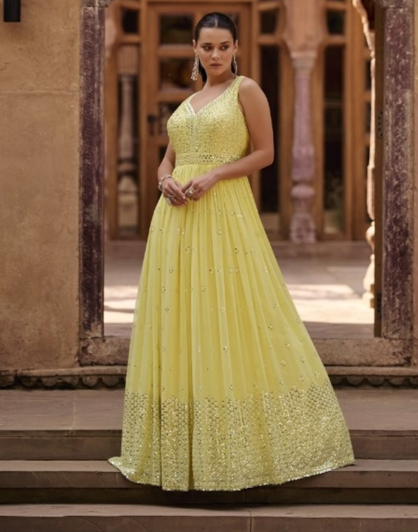 Yellow Designer Girlish Style Zari & Sequins Gown