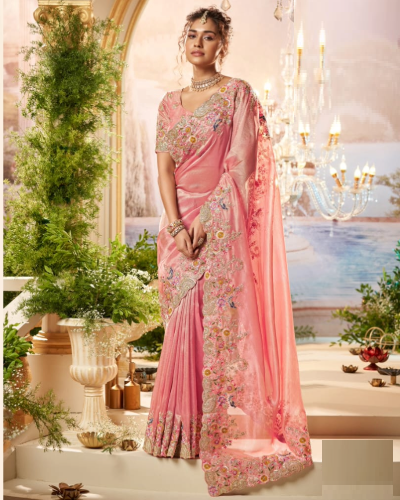 Zari Embroidery Work Designer Soft Fancy Wedding Wear Saree