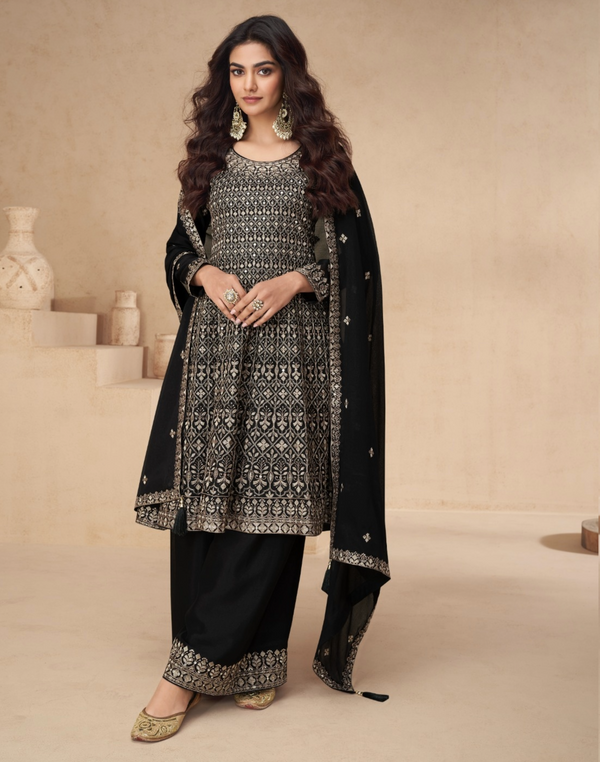 Indian Women Chinon Silk With Embroidered Suit