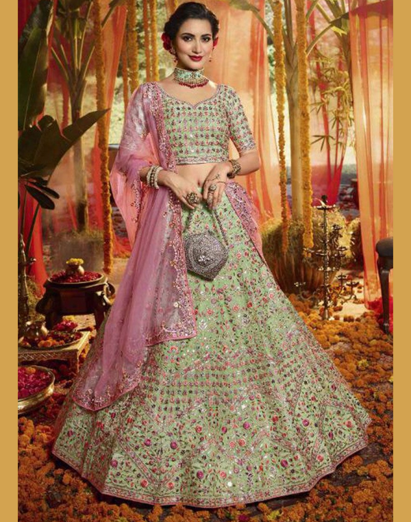 Embroidered Wedding Wear Organza Lehenga in Pastel Green