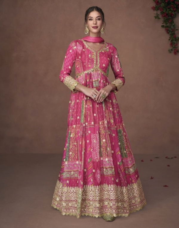 Pink Embroidered Work Fancy Anarkali Suit Set