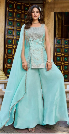 Stepnshop Jacquard Peplum Top with Plazzo & Dupatta