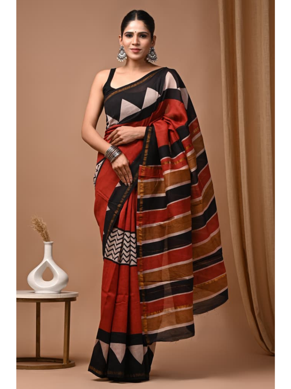 Stepnshop Chanderi Silk Hand Block Print Saree