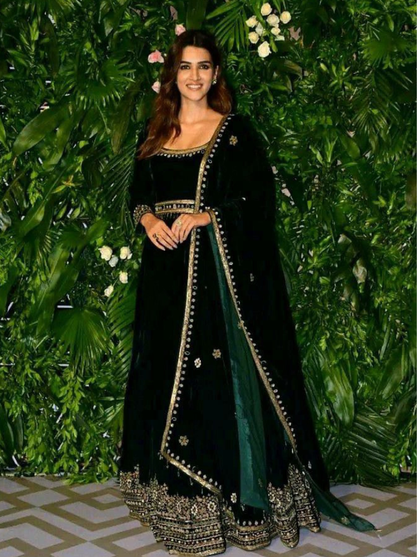 Stepnshop Velvet Embroidered Gown with Soft Net Dupatta