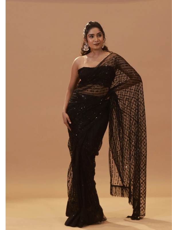 Black Nylone Butterfly Net Saree with Designer Sequin & Thread Work Blouse