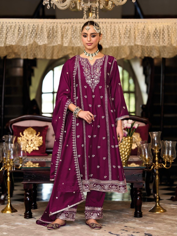 Indian Women Chinon With Embroidered Work Anarkali Set