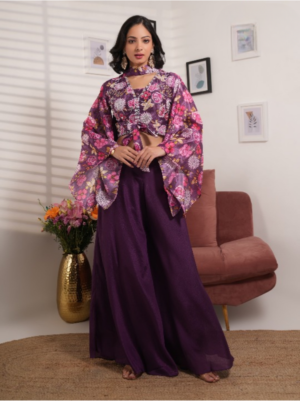 Chiffon Crop Top Set with Printed & Embroidery Work