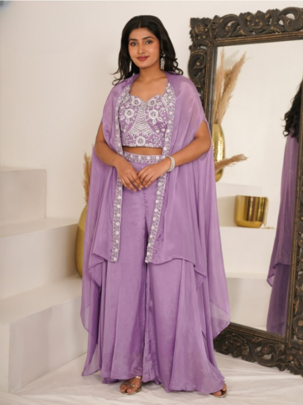 Georgette Co-ord Set with Hand Work – Crop Top, Palazzo & Shrug