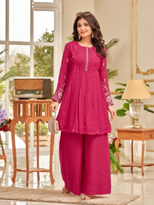 Front Pleated Cotton Kurta Set with Embroidery & Sequins