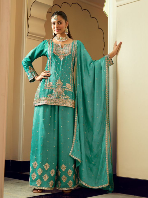 Stepnshop Chinon Silk Sharara Suit with Embroidery & Hand Work