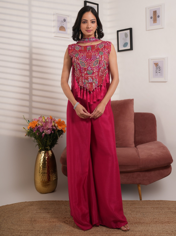 Art Silk Embroidered Co-ord Set with Soft Net Dupatta