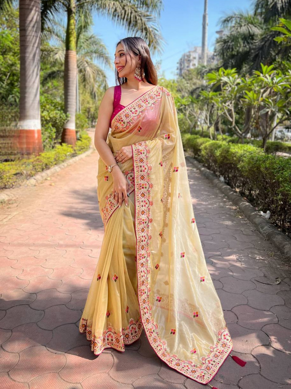 Satin Silk Saree with Intricate Embroidery & Floral Detailing