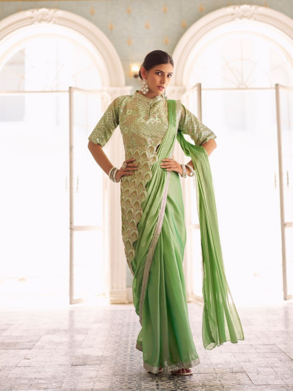 Elegant Chinon Saree with Intricate Embroidery & Lace Detailing