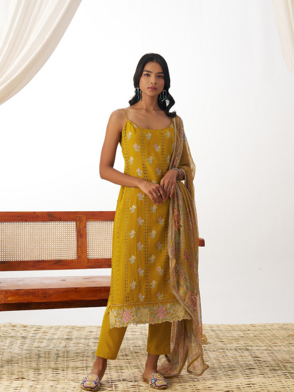 Pure Organza Kurta Sets with Exquisite Embroidery & Printed Chiffon Dupattas