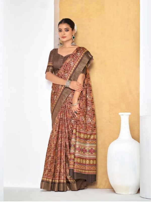 Silk Saree with All-Over Print Work and Matching Blouse