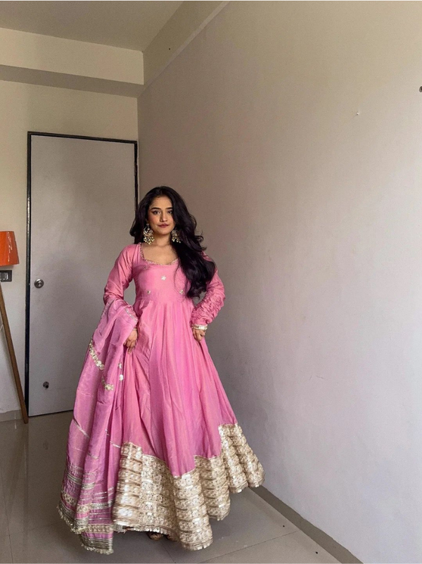 Embroidered Anarkali Gown Set with Cotton Pants & Dupatta