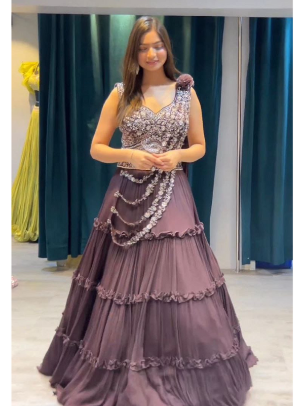 Georgette Lehenga Set with Embroidery & Floral Frilled Belt