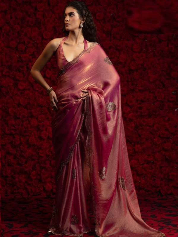 Satin Chiffon Saree Set with Detailed Hand Work Design
