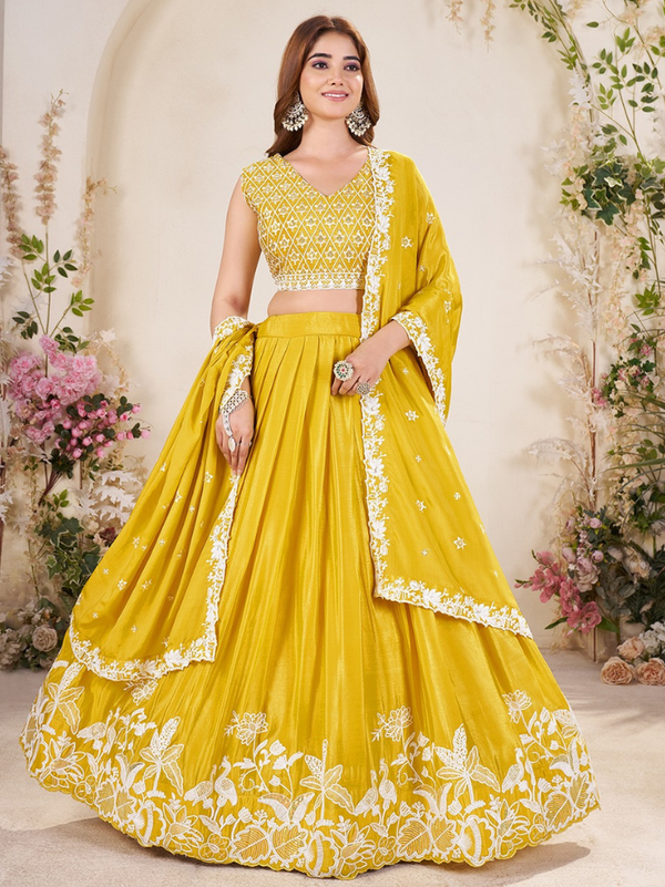 Stepnshop Haldi Special Chinon Silk Embroidered Lehenga Set