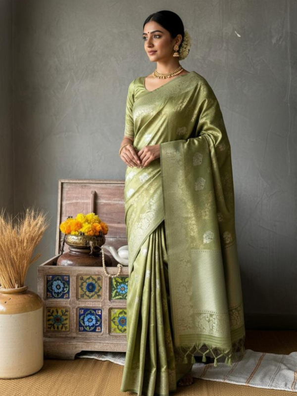 Stepnshop Satin Tissue Saree with Zari Work